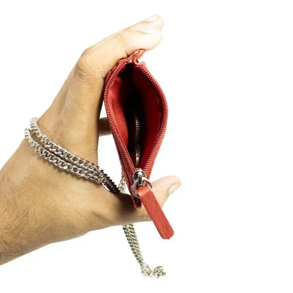 ID Lanyard Card Holder in Genuine Leather with Long Metal Chain for Men/Women - Picture 3 of 8